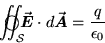 \begin{displaymath}\oSurfIntS \Vec{E} \cdot d\Vec{A} = {q \over \epsilon_0} %
\end{displaymath}