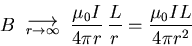 \begin{displaymath}B \goestoas{r \to \infty}
{\mu_0 I \over 4 \pi r} \, { L \over r }
= {\mu_0 I L \over 4 \pi r^2}
\end{displaymath}