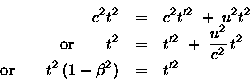 \begin{eqnarray*}c^2 t^2 &=& c^2 t'^2 \; + \; u^2 t^2 \cr
\hbox{\rm or} \qquad  . . . 
 . . . , t^2 \cr
\hbox{\rm or} \qquad
t^2 \, (1 - \beta^2) &=& t'^2
\end{eqnarray*}