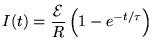 ${\displaystyle I(t) = {{\cal E} \over R} \left(1 - e^{-t/\tau} \right) }$